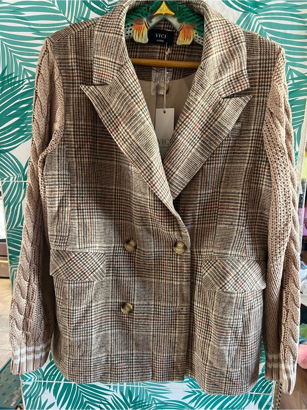 VICI Collection Beige Plaid Double-Breasted Blazer w/Knit Taupe Sleeves NWT Sz L